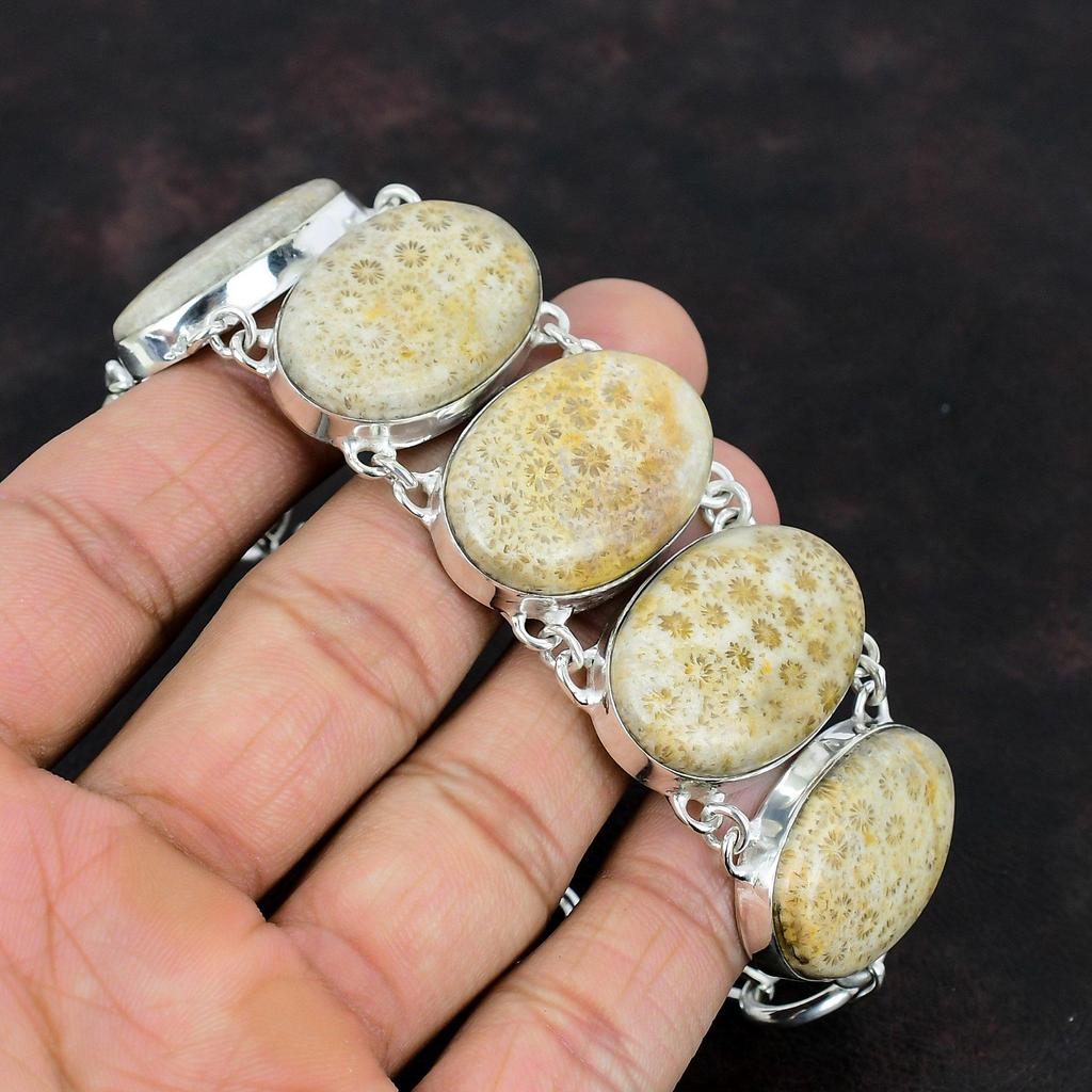 Браслет из ископаемого коралла Браслет из драгоценного камня Браслет из стерлингового серебра 925 пробы Регулируемый браслет-цепочка ручной работы Ювелирные изделия из ископаемого коралла Подарки для женщин