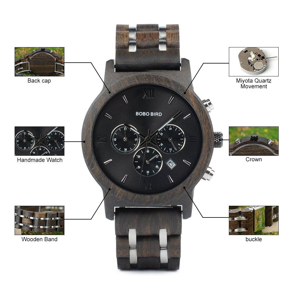 BOBO Bird Wood Watch Luxury Wood Metal Strap Chronograph Date Display Quartz Watch Versatile Watch Medium Size for Men Metal Black Men's Men's