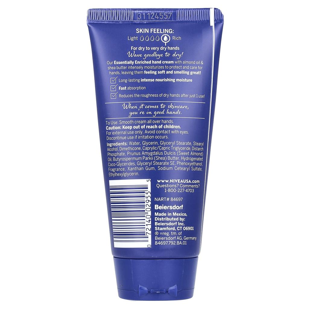 Nivea Essentially Enriched Hand Cream, Almond Oil and Shea Butter, 2.6 Oz (74 G)