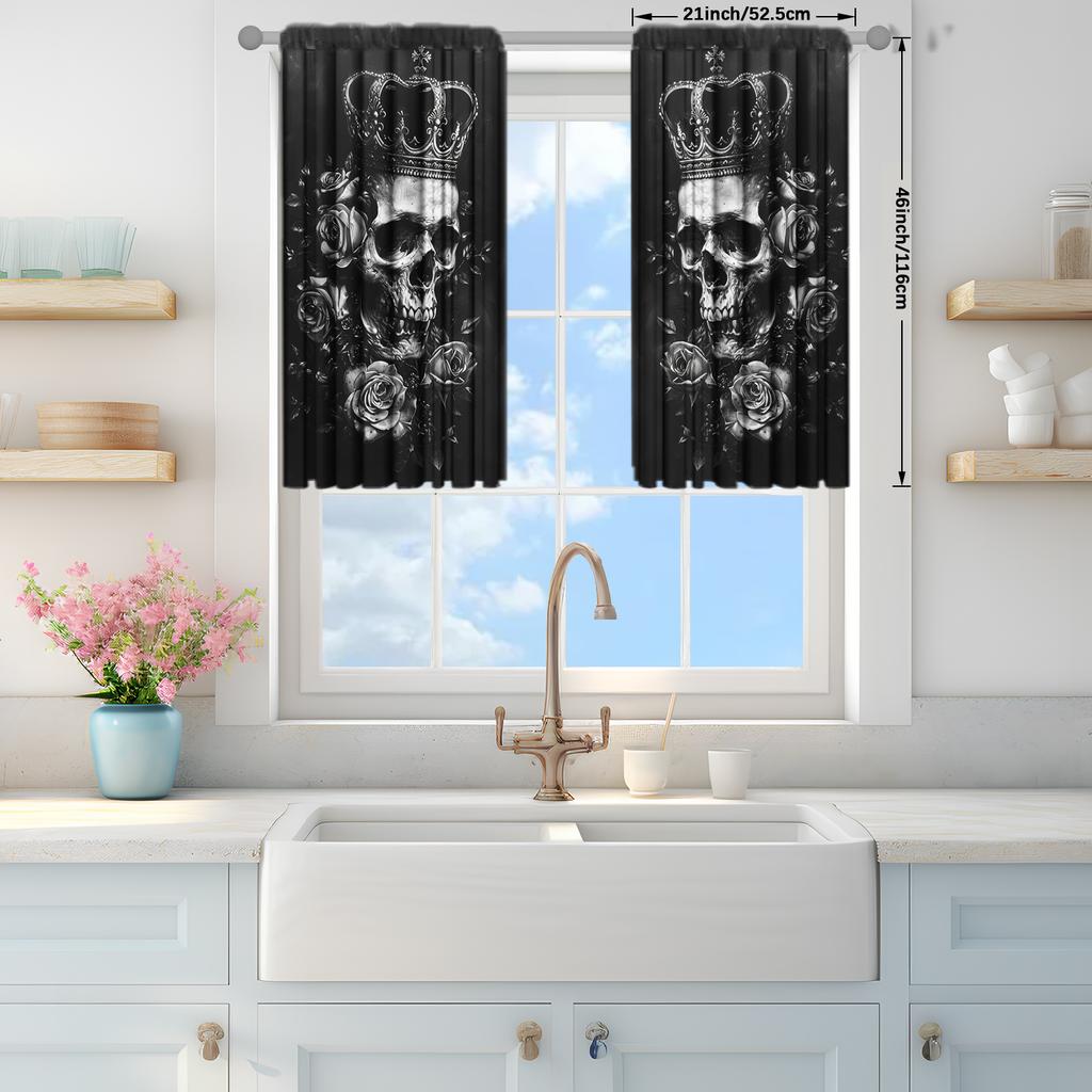 2pcs Gothic Black Rose Skull  Printed Curtain for Home Decor - Rod Pocket Window Treatment for Bedroom, Office, Kitchen