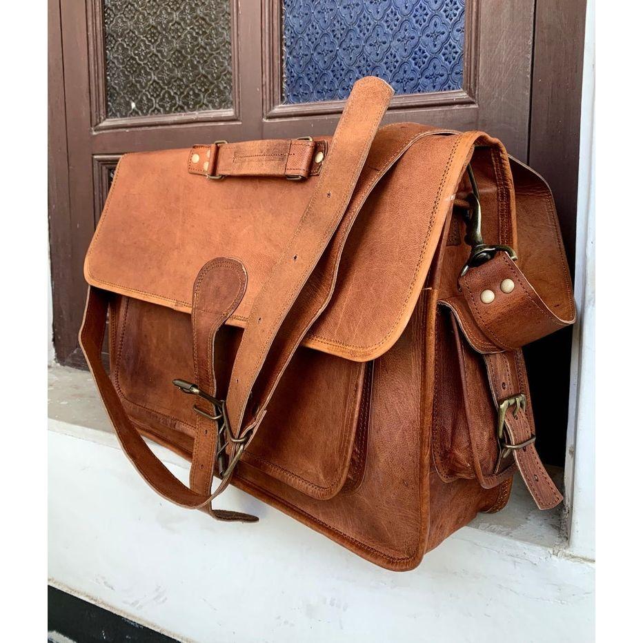 Handmade Leather Bag- Vintage Personalised Handmade Leather Messenger Bag Laptop Briefcase Computer Satchel Bag for Men & Women