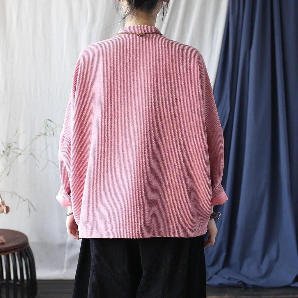 Johnature Women Vintage Stand Jackets Stand Long Sleeve Autumn Coats Button Solid Color Patchwork Pockets Jackets