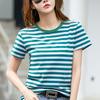 Летняя полосатая свободная футболка с короткими рукавами для женщин Дышащий топ с рукавами до локтя спереди на плечах для женщин Универсальная женская футболка
