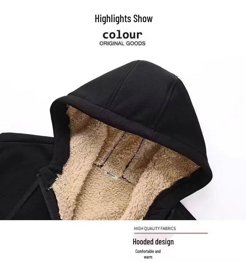 Мужская черная толстовка с капюшоном на молнии из ягнячьей шерсти с флисовой подкладкой - Зимняя большого размера свободная куртка-кардиган