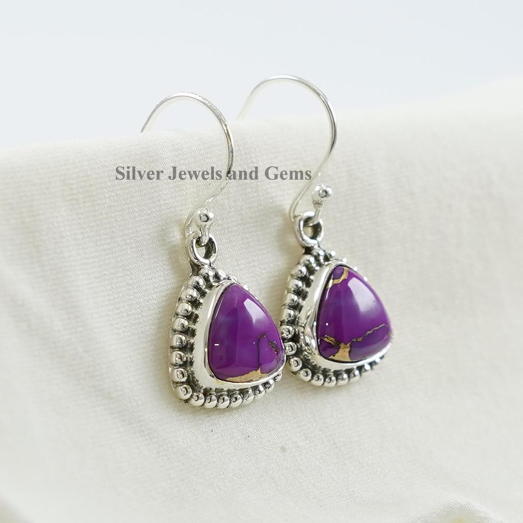 Purple Copper Turquoise Earrings, Handmade 925 Sterling Silver Earring, Trilliant Turquoise Earrings, Birthday Gift