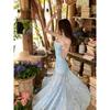 Seaside Vacation Atmosphere Blue Floral Suspender Waist Dress Women's Summer Temperament Pure Desire Fishtail Dress