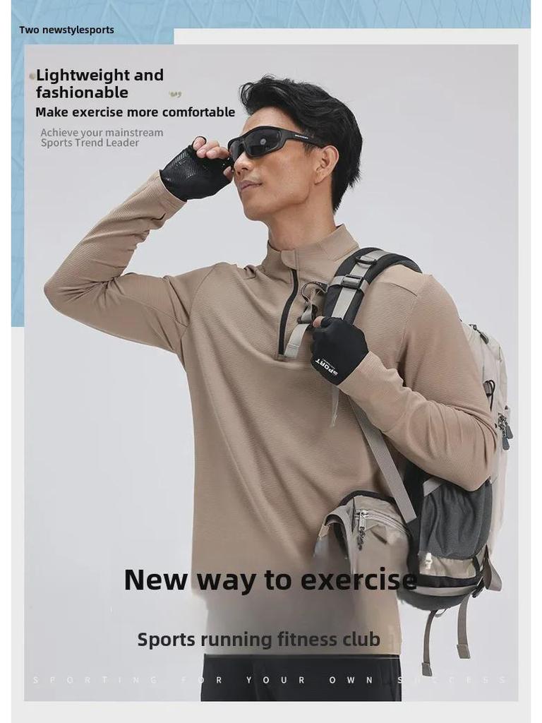 Мужской быстросохнущий пуловер для бега Dijia: С длинным рукавом, воротник-стойка, застежка-молния до середины, защита пальцев для фитнес-тренировок.