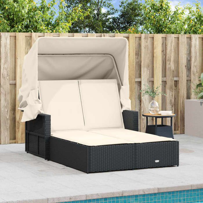 VidaXL Chaise Longue Double et Auvent et Coussins, Bain de Soleil, Transat de Jardin Patio Terrasse Arrière-cour, Noir 365806
