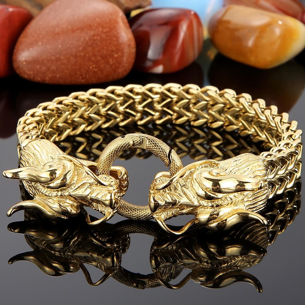 Gothic Double Chinese Long Dragon Heads Design Men's Bracelet 11MM Width Stainless Steel Square Franco Link Chain Male Jewelry