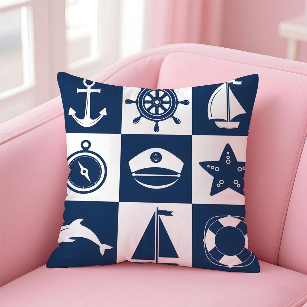 Ocean Blue Compass with Anchor Cushion Cover Pillow Case Soft Skin Friendly Fabric Concealed Zipper