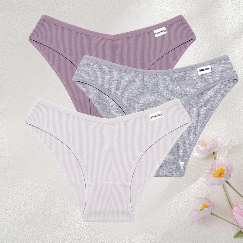FINETOO 3Pcs/Set Sexy Low Waist Cotton Panties M-3XL Ribbed Breathable Briefs Underwear for Women Gym Fitness Casual Lingerie