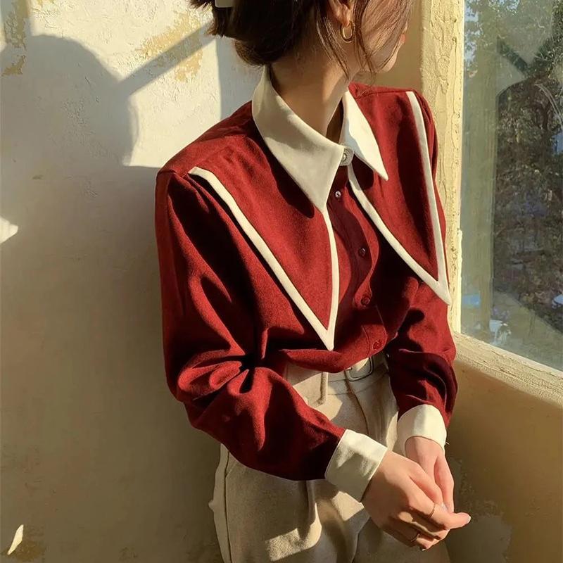 WTEMPO Vintage Elegant Shirts Women Chiffon Patchwork Ruffle Turn Down Collar Long Sleeve Blouse Office Lady Loose Tops