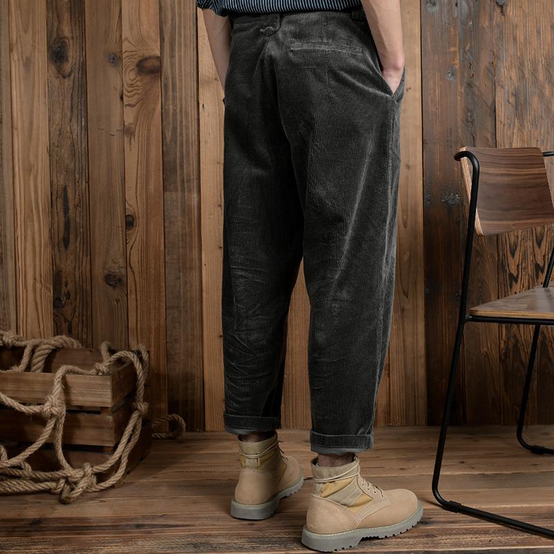 Осенние и зимние мужские брюки, японские ретро-утолщенные вельветовые брюки, мужские, 98% хлопок, мешковатые прямые брюки с поясом, повседневные мужские брюки