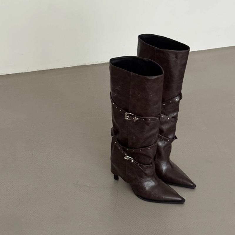 Остроконечная металлическая пряжка ремня заклепка винтажные западные ковбойские сапоги высокий каблук рыцарь острая девушка сапоги-брюки женские сапоги