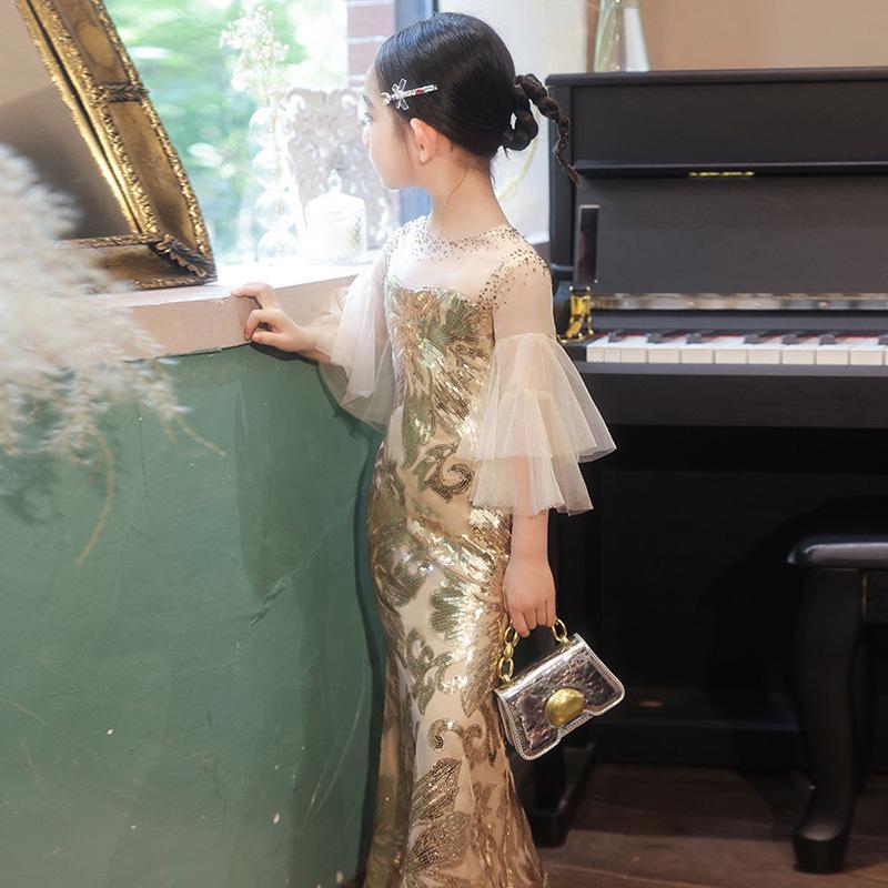 Платье Русалка Осень Золото с Пайетками для Девочек - Наряд для Вечеринки по Случаю Дня Рождения и Выступлений