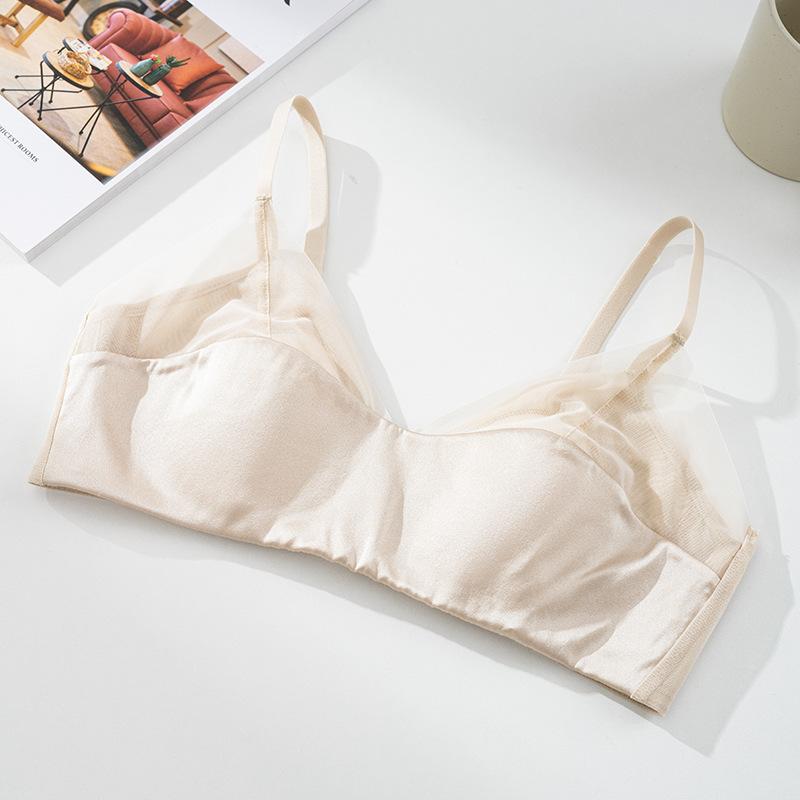 Silk stretch satin thin rimless underwear, mulberry silk rabbit ear cup side closed breast bra