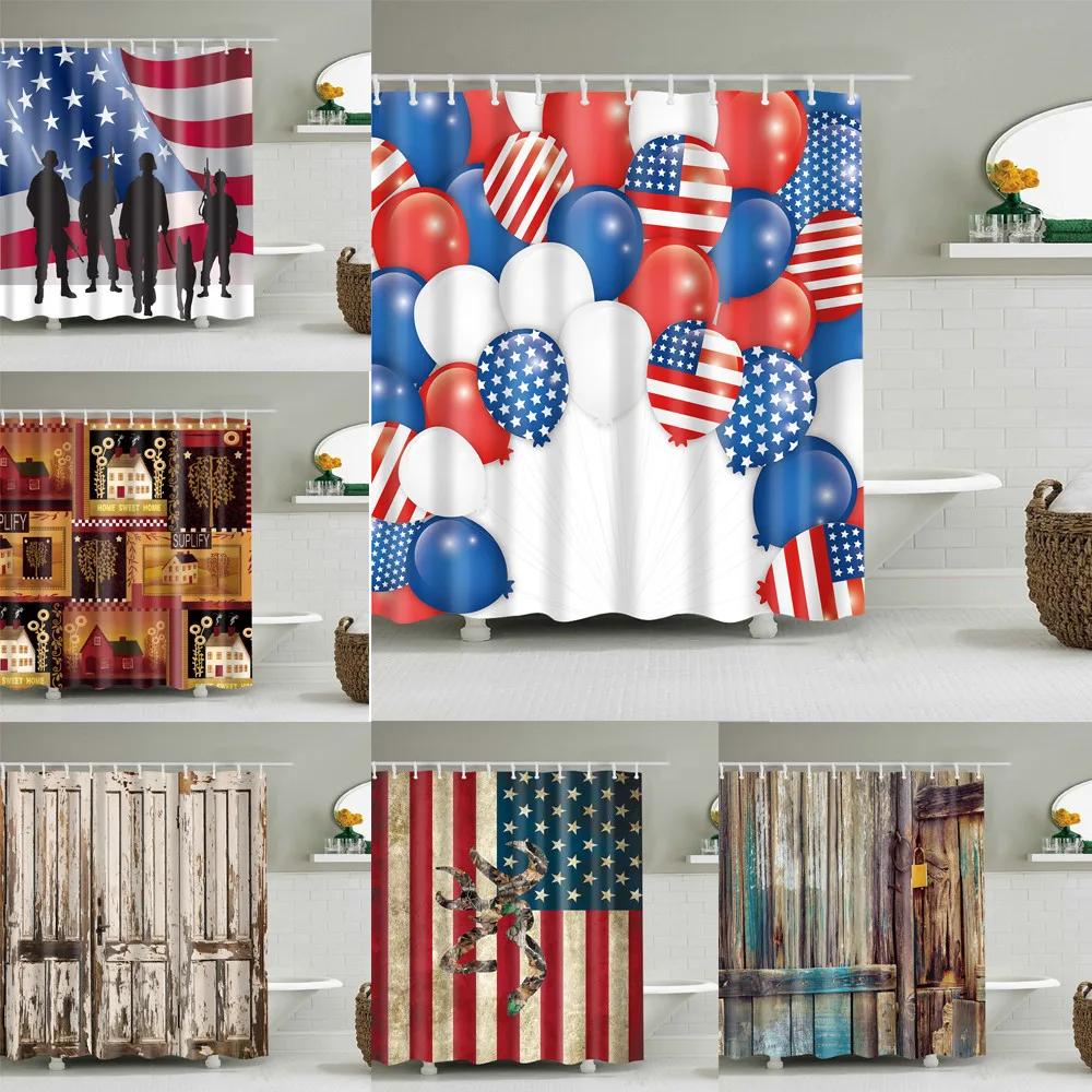 Retro Artistic Flag Shower Curtain Rustic Country Barn Door Pattern Bath Curtains Bathroom Curtains for Bathtub Home Art Decor