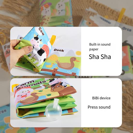 Детская тканевая книжка Встроенный звук Бумага Животные Цифры Фрукты Транспорт Красочные мультяшные принты Развивающая игрушка для развития мозга Сенсорная книга