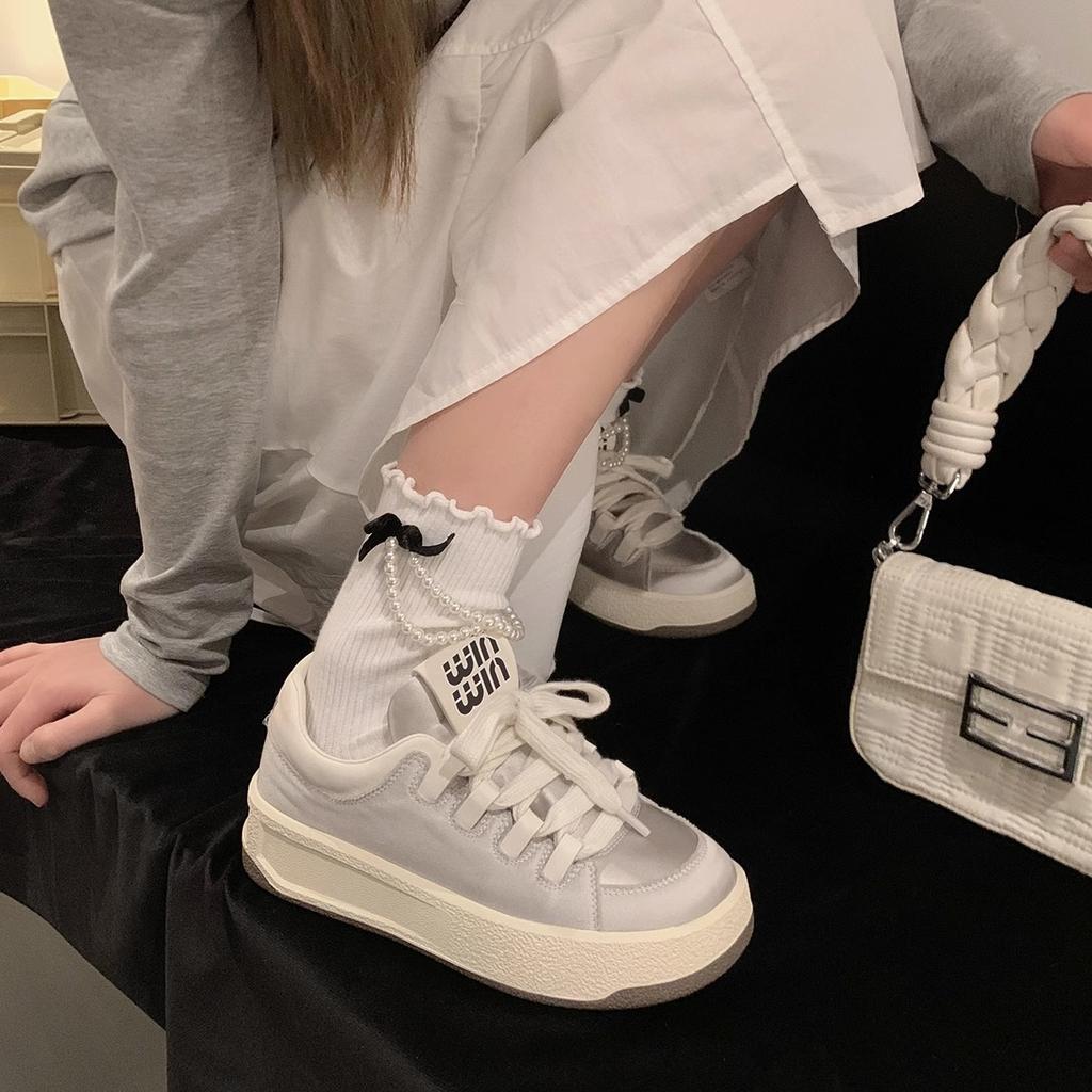 Power Girl~ Satin Little White Shoes Women's Spring 2024 New Platform-soled Casual Sports Versatile Breadboard Shoes