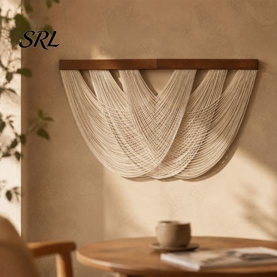 Cotton Woven Tapestry Boho Tassel Wall Tapestry, Rustic Hanging, String Hanging with Wooden Rod for Bedroom Living Room Decor