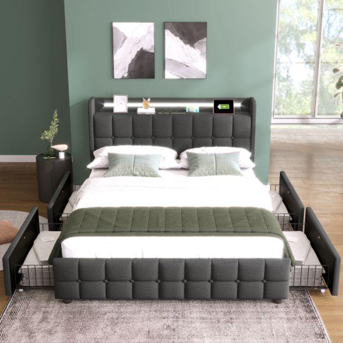 Lit - MUVOE - 140x200 cm - Rembourré avec éclairage LED - 4 tiroirs - Matelas inclus