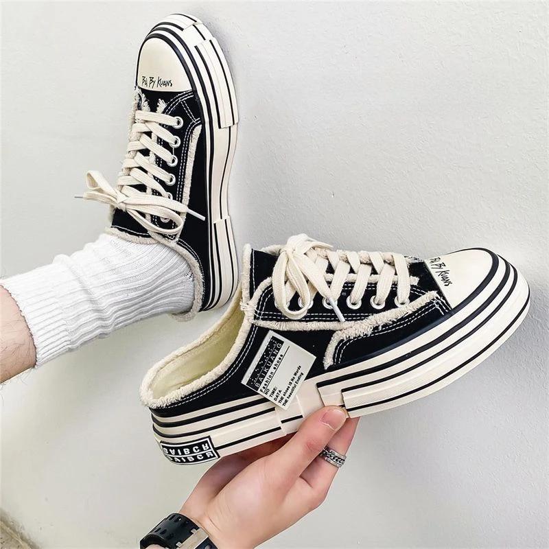 Male Slipper Summer Half Men's Shoe Mules Canvas Pvc Trend 2024 Slides Y2k Elegant With Korean Style Comfortable Fun Sale Style