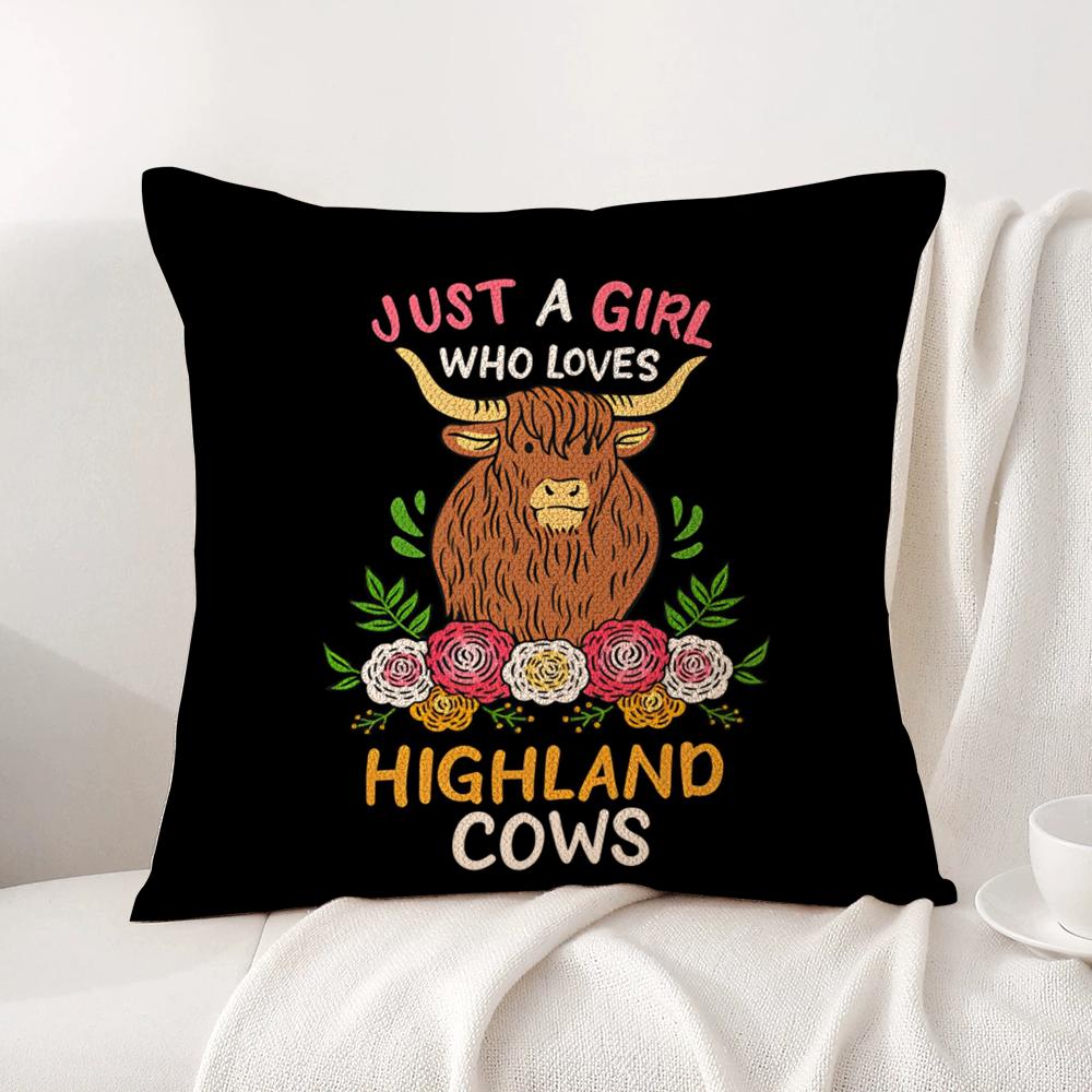 Scottish Highland cow black Cushion Cover Natural Linen Organic Fabric DoubleSided Printing Sofa Home Decor Gift Pillow Cover
