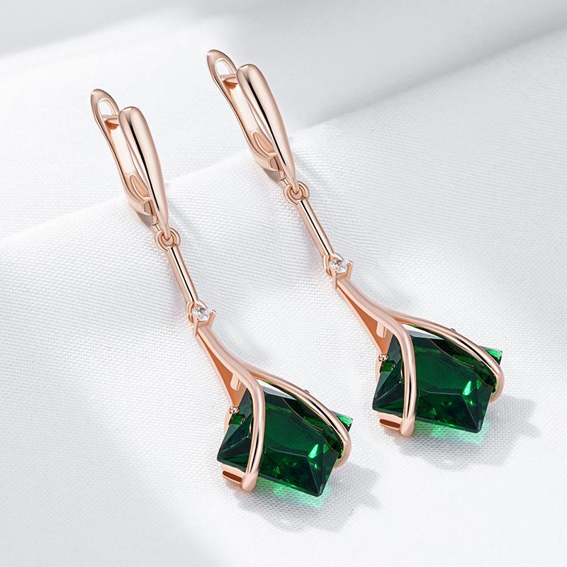 Square Cut Green Zircon Long Dangle Earrings for Women Golden Earrings Fashion Vintage Jewelry Party Daily Accessories
