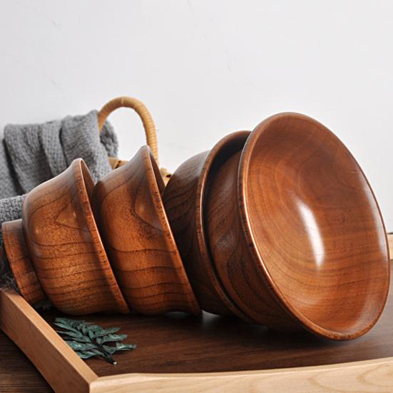 190/240/300/425/475ml Wooden Bowl Reusable Reverse Edge Round Thickened Anti-scalding High-footed Mongolia Style Rice Bowl Kitchen
