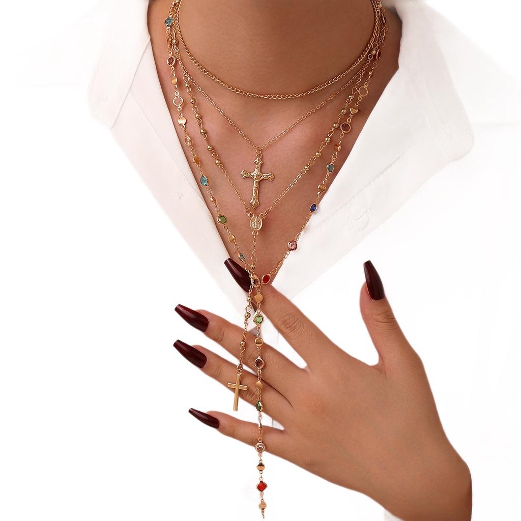 Popular multi-layer cross necklace women's color zircon collarbone chain wind exquisite jewelry