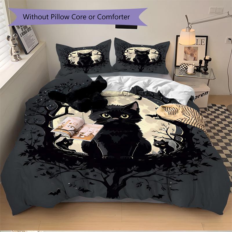 3pcs Moon and Black Cat Creative Design Quilt Cover Set - Soft and Cozy Bedroom, Guest Room and Dorm Decorative Bedding