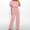 Women's Short Sleeve Jumpsuit Tie Waist Belted Straight Wide Leg Pant Romper Casual Crew Neck One-piece Overall