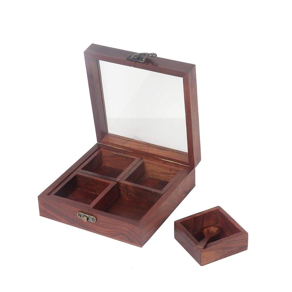 Деревянная коробка для специй с 4 контейнерами и ложкой, контейнер для специй для кухни, Масала Дабба, Намакдани для кухни, Деревянная коробка для масалы,