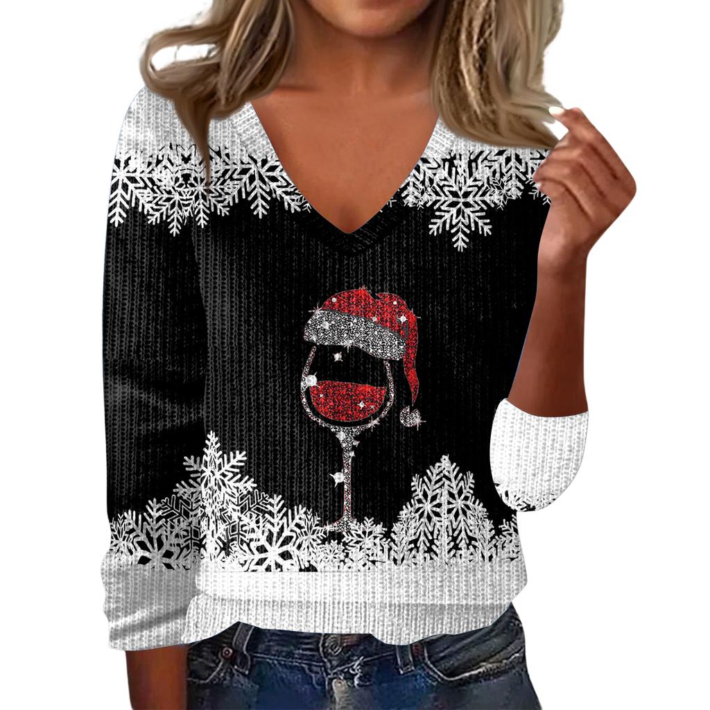 Women's Cute Sweatshirt Knitted Fashion Casual V-neck Long-sleeved Cozy Print Top
