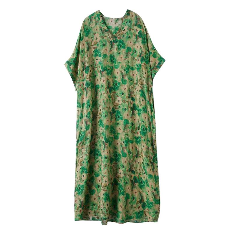 Летнее цветное платье с V-образным вырезом в стиле ретро, длинная юбка, хлопок-лен