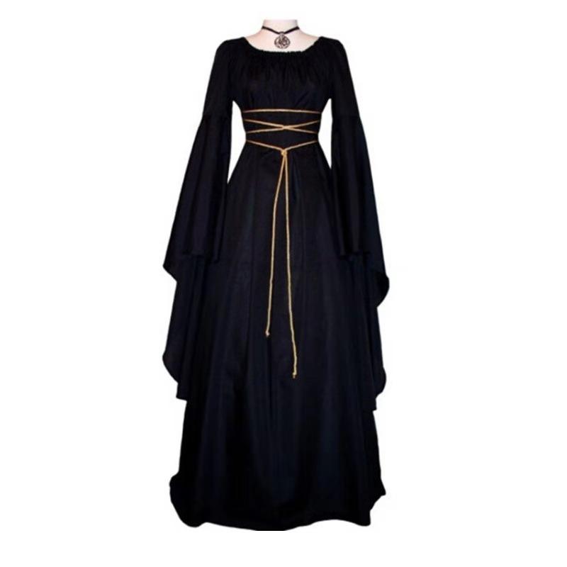 Women'S Halloween Costume Long Sleeved Round Neck Lace-Up Waist Irregular Dresses Medieval Retro Elegant Evening Dress