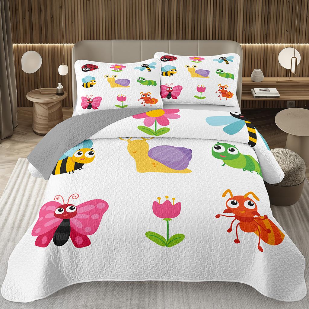 Funny Cartoon Animal Bedspread Queen/Full Kawaii Elephant Panda Coverlet Reversible Grey Quilted Bedding Set For Kids Teen Room