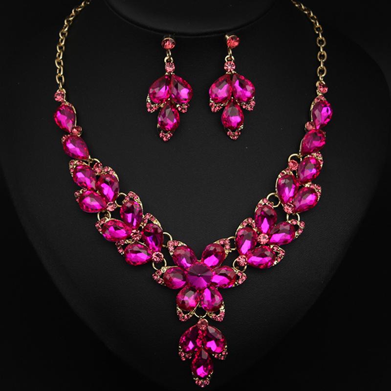 Jewelry Crystal Gemstones Flower Clavicle Necklace Earrings Set Dress Women'S Banquet Accessories