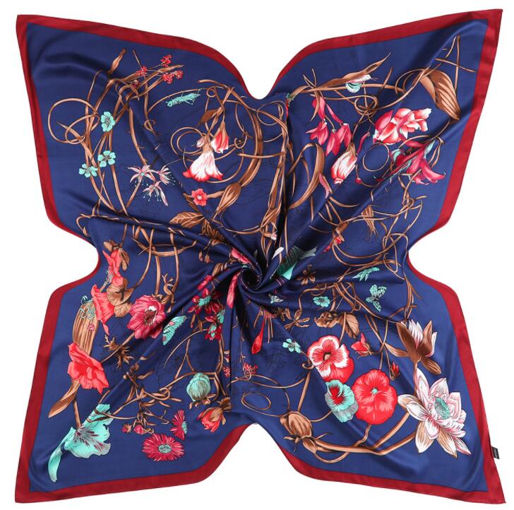 New Arrival Brand Shawl 100% Twill Silk Scarf Hyacinth Floral 130cm Square Scarves Print Kerchief Bandana Woman Headband Hijab
