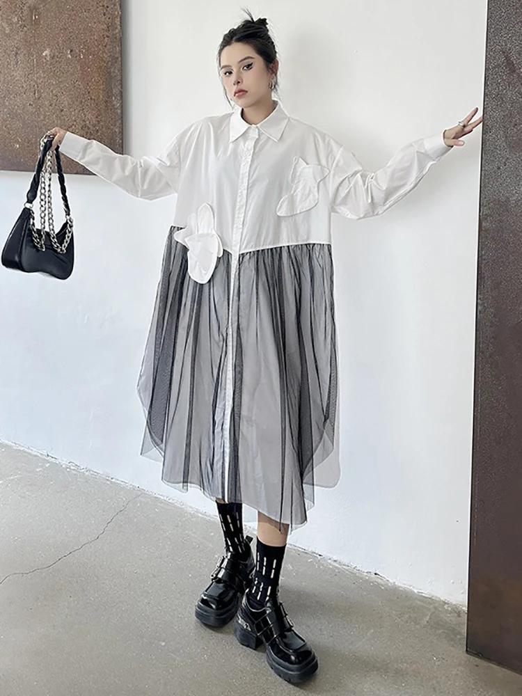 Xitao Однобортное платье с сетчатым узором и цветочной складкой GMM1160