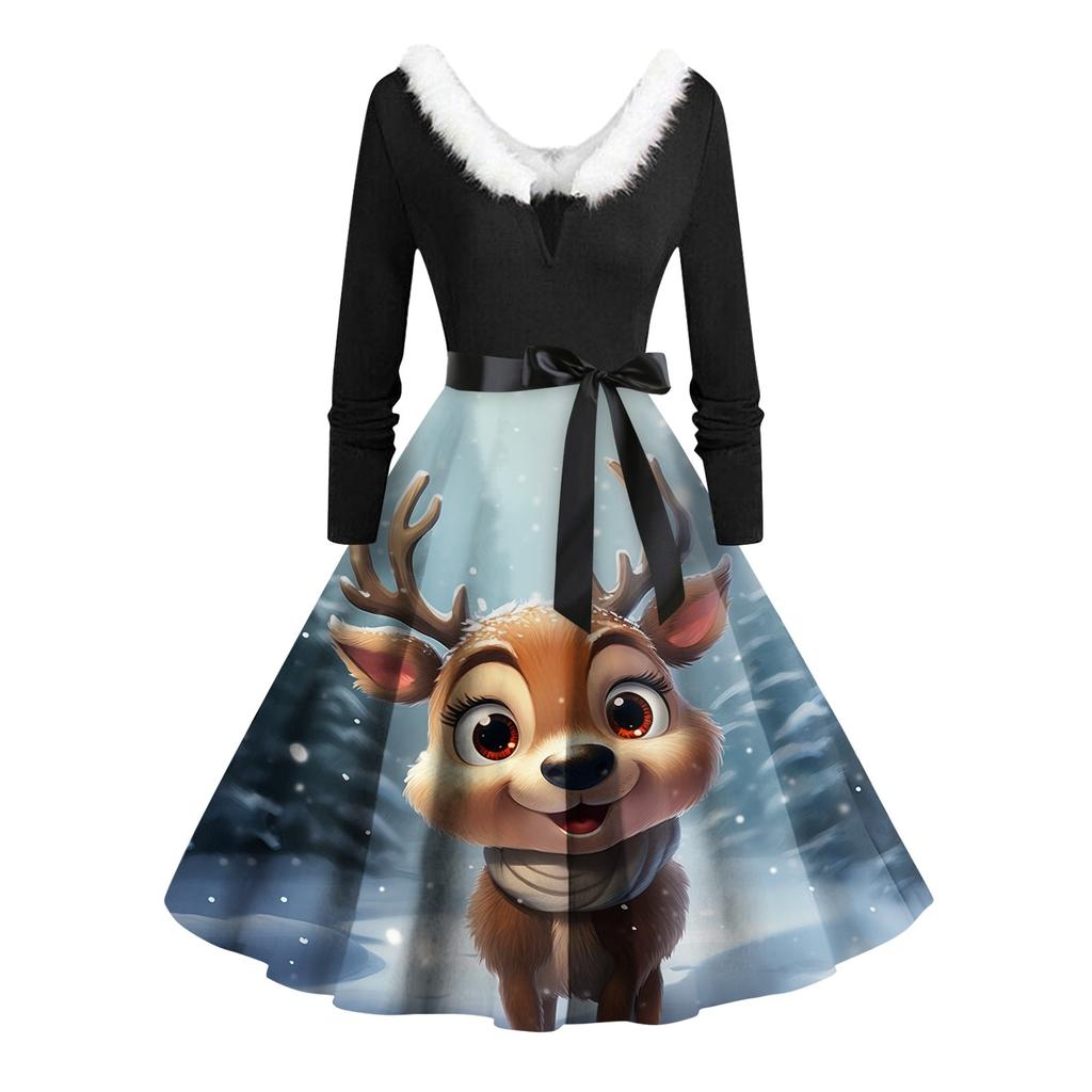 Women Vintage Long Sleeve Christmas Print 1950s Housewife Evening Party Prom Dress