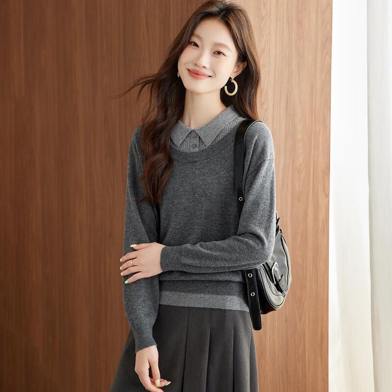 Srcr Women's Faux Two-Piece 100% Wool Contrast Collar Sweater