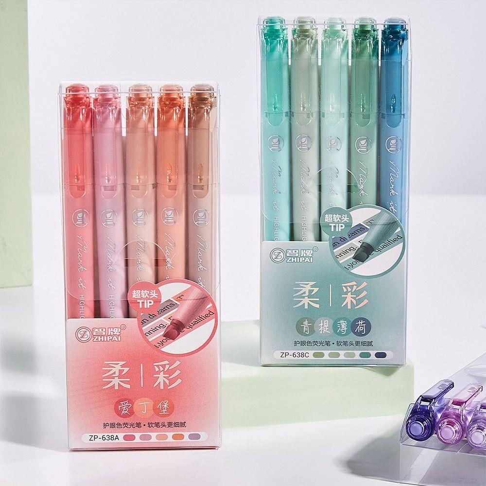 5pcs Pastel Colors Fluorescent Pen Dual Tip Colored Mark Pen Smudge-Proof Drawing Pen Student Use