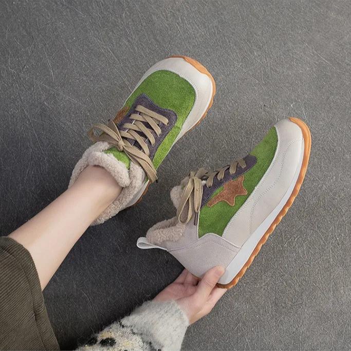 Johnature Warm Plush Cotton Shoes Versatile Lightweight Round Toe Lace-up Casual Women's Shoes