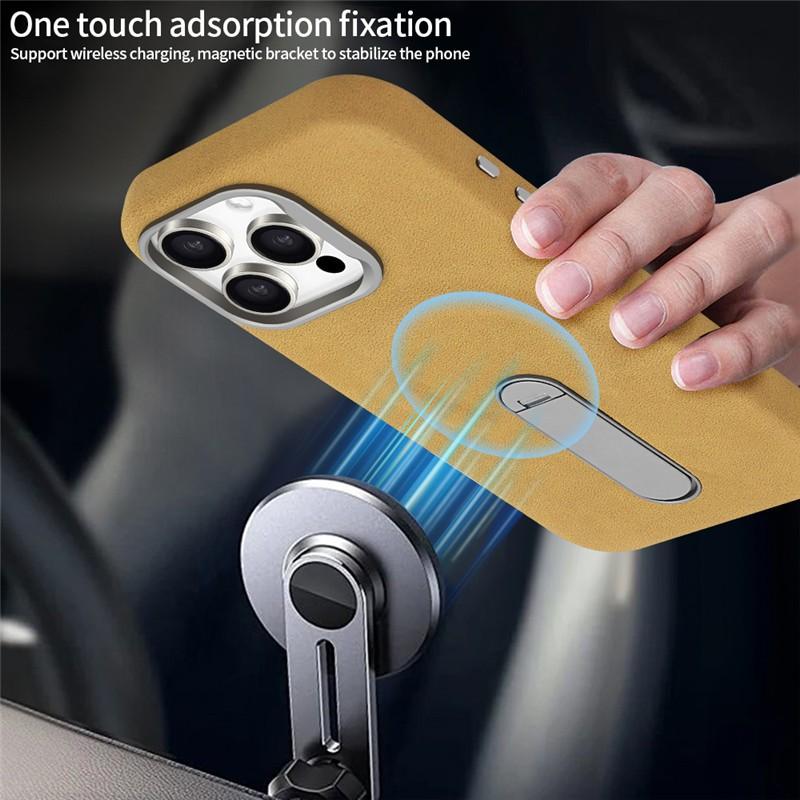 Premium Leather Magnetic Attraction Case For iPhone 15 16 Pro Max 360 Hidden Metal Phone Holder Business Suede Kickstand Cover