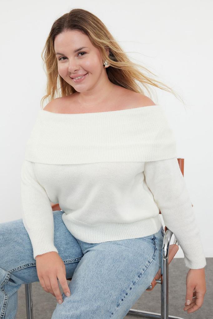 Women's Fashion Stylish Plus Size Sweater Brown Carmen Collar Knitwear Sweater