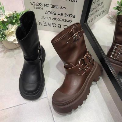 Новые коричневые винтажные женские ковбойские сапоги с круглым носком на массивном каблуке на очень высоком каблуке, женские ботинки в стиле вестерн с пряжкой, Zapatos Mujer