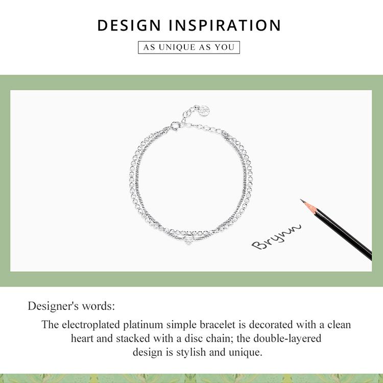 BAMOER 925 Sterling Silver Simple Double Layer Bracelet for Women Adjustable Lock Chain Heart Bracelet Fine Jewerly Wedding Gift