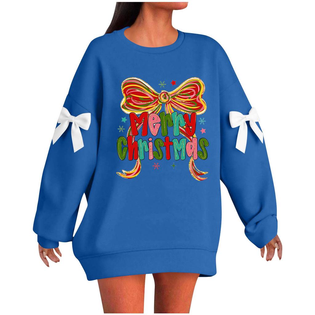 Ladies' Christmas Printed Bow Round Neck Long Sleeved Loose Pullover Sweater Sweatshirt Top
