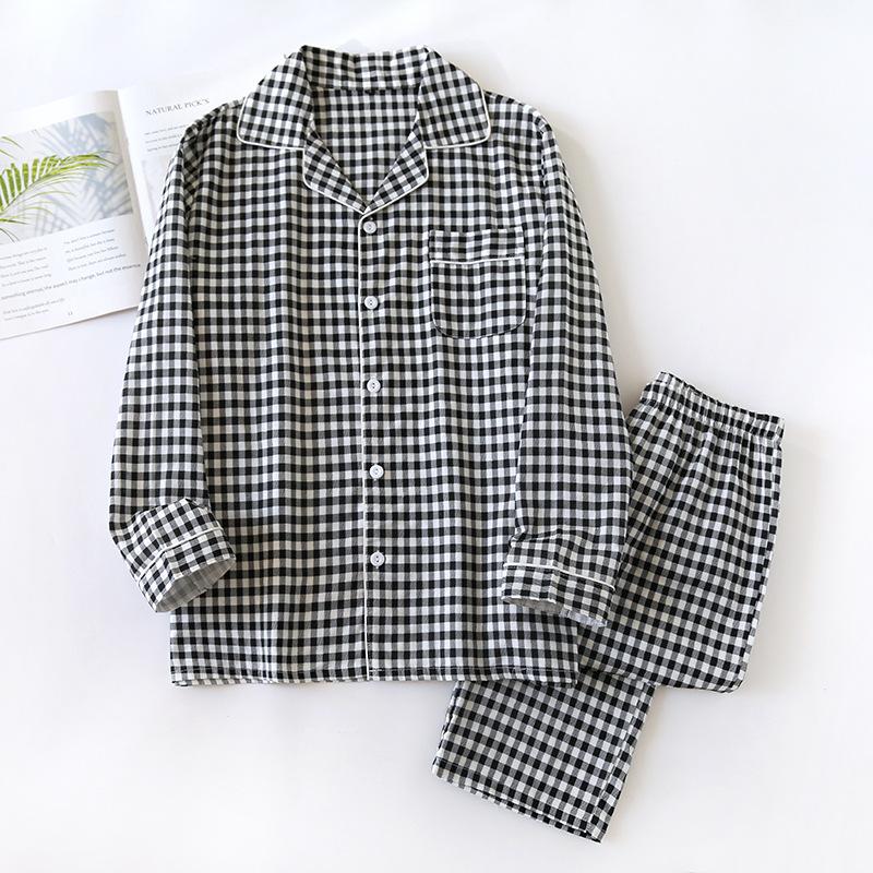 Spring/Summer Couple Pajama Set Cotton Double Layer Gauze Men's and Women's Japanese Plaid Set Long Sleeved